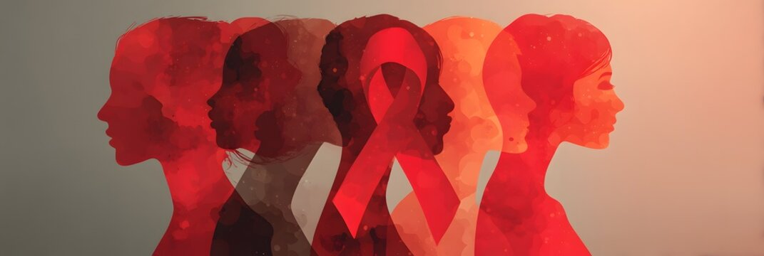 Artistic illustration of diverse women silhouettes with a large red ribbon symbol promoting HIV/AIDS awareness and inclusivity.
