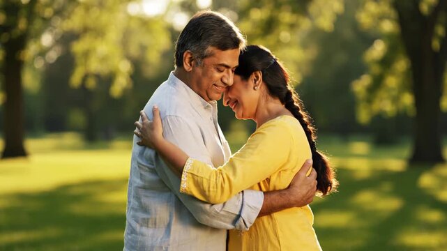 Mature couple embracing affectionately in a sunny park  