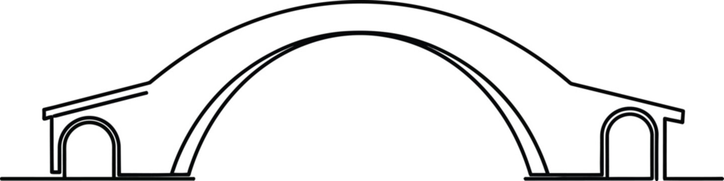 Simple black and line drawing illustration of an arched stone bridge structure with small side arches
