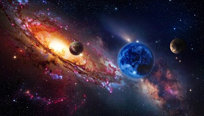 Obraz premium 銀河と惑星が浮かぶ幻想宇宙｜SF・教育・背景・アートに使える高解像度イメージ 
