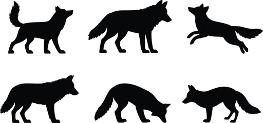 Wild fox and wolf animal silhouettes, walking, standing, jumping and sniffing poses, vector black icons, isolated wildlife illustration, nature design