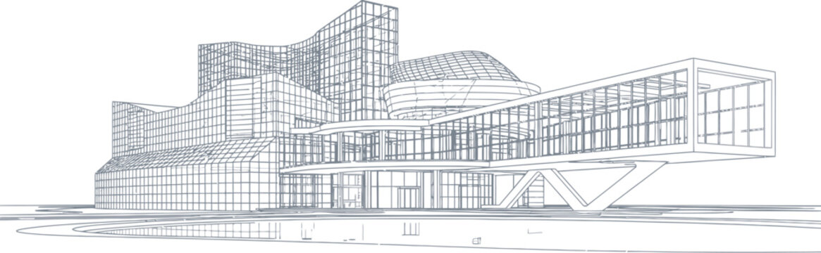 Architectural wireframe sketch of a modern, complex building design featuring glass facades and cantilevered structures