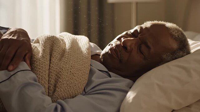Elderly black man sleeping peacefully in bed with light blanket  