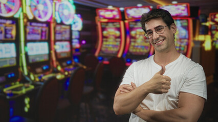 Man with crossed arms giving thumbs up, smiling, wearing glasses and a white tshirt beside slot...
