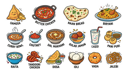 Set of Indian Food Hand-Drawn Vector Illustrations. Includes Samosa, Naan Bread, Chicken Curry, Biryani Rice, Mango Lassi, Masala Dosa, Gulab Jamun, Vegetable Pakora for Restaurant Menu Design