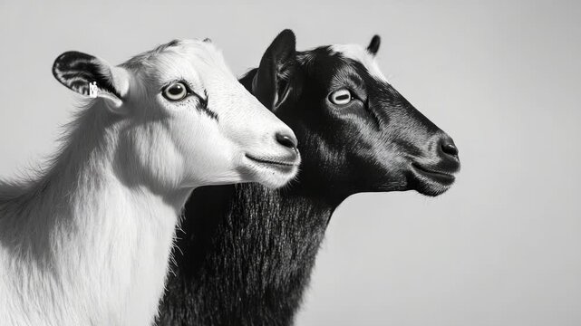 Two goats standing side by side, possibly grazing or resting