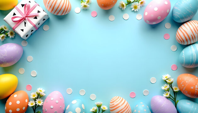 Colorful Easter eggs and gift box on a light blue background