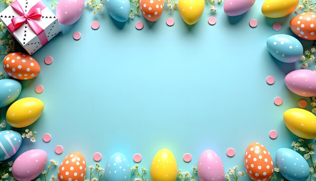 Colorful Easter egg border with gift box and confetti on a light blue background
