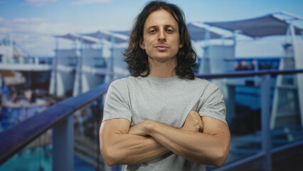 Man standing with arms crossed on cruise deck leaning on railing, long hair in casual tee visible in studio; indifference travel.