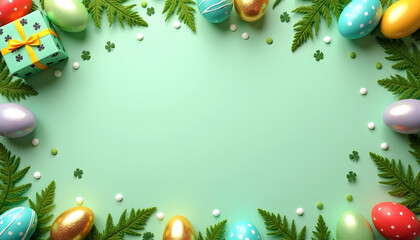 Easter eggs and decorations arranged on a pastel green background