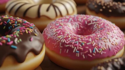Delicious donuts with sweet topping flatlay as background. Donut day bakery celebration. 
