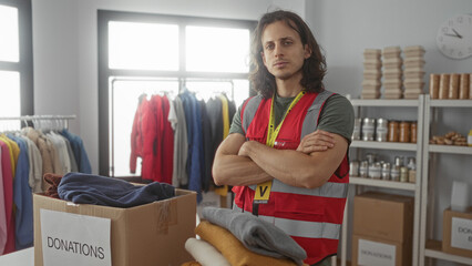 Man wearing a volunteer vest standing by a donations box with arms crossed in a building; compassion community support.