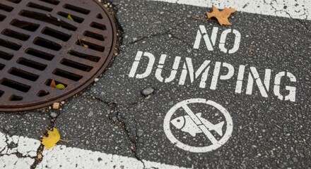 No dumping stencil on cracked asphalt street near metal sewer drain. No dumping symbol indicates importance of keeping waterways clean and healthy for aquatic life.