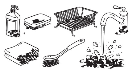 Black and white illustration of kitchen sink cleaning supplies and water splashes dish soap bottle sponge