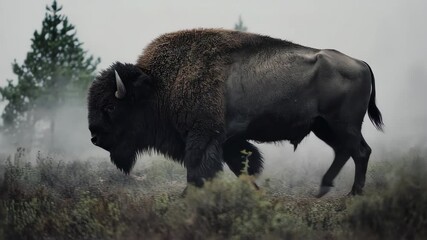 A majestic American bison walks through a misty, natural landscape with trees in the background. - Powered by Adobe
