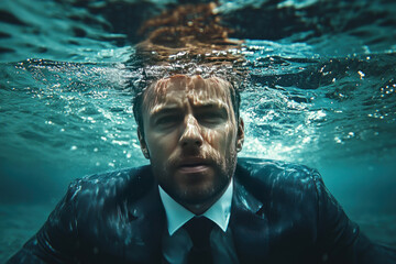 A dramatic portrait of a man in a business suit, taken underwater.  