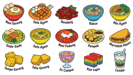 Set of Indonesian Food Hand-Drawn Vector Illustrations. Featuring Nasi Goreng, Sate, Rendang, Bakso, Gado-Gado, Mie Ayam, Pempek, and other traditional culinary dishes.