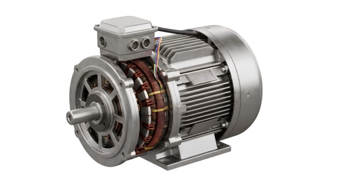 Electric motor, industrial machinery component, isolated on transparent background, showcasing copper windings and metallic casing