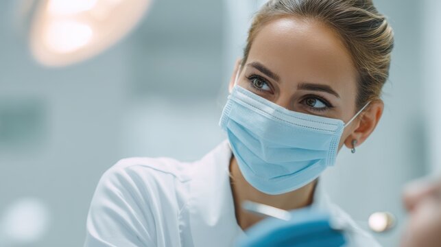 Dentist wearing a mask and gloves examining a patient's teeth