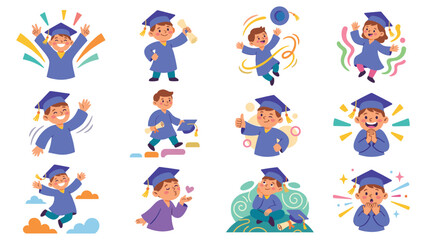Set of diverse kids graduating illustrations, students in various poses celebrating achievement, holding diplomas, throwing caps, cheering, dancing, happy moments