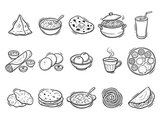 Indian Cuisine Vector Outline Illustration Set, traditional food items including Samosa, Curry, Naan, Biryani, Lassi, Dosa, Idli, Gulab Jamun, Chai, Thali, Roti, Korma, Jalebi, Aloo Gobi, Vindaloo.