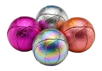 Three gourmet chocolate truffles in crinkled magenta, holographic, and gradient foil wrappers, highly detailed 3d render on a transparent background. Luxurious party treats concept