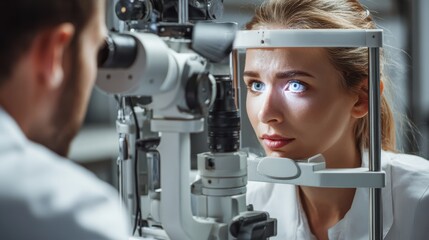Woman undergoing eye exam with slit lamp by ophthalmologist in clinic