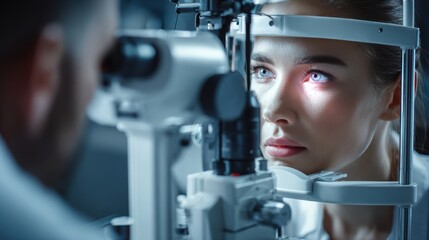 Woman undergoing eye exam with slit lamp in ophthalmologist's office