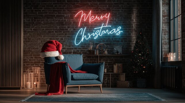 Cozy Christmas scene with neon sign, Santa hat, and decorated tree