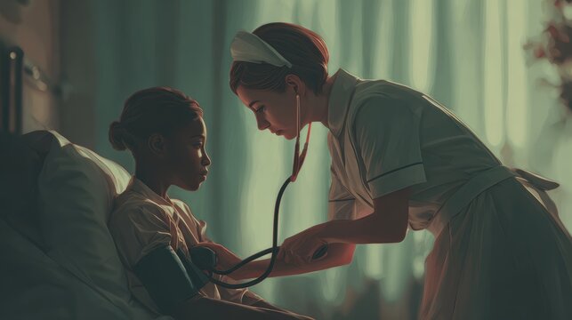 Nurse checking patient's blood pressure in hospital room, healthcare concept