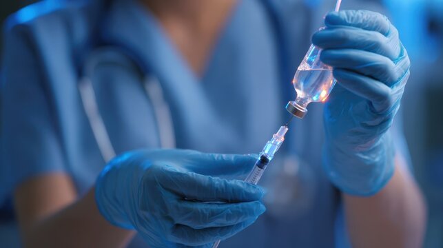 Medical professional filling a syringe with medication for injection