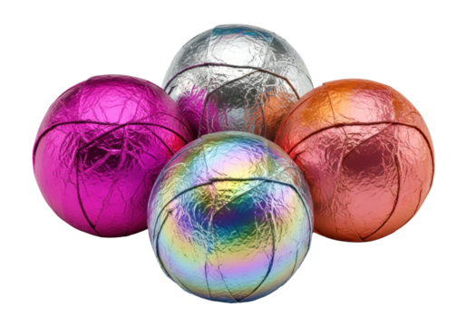 Three gourmet chocolate truffles in crinkled magenta, holographic, and gradient foil wrappers, highly detailed 3d render on a transparent background. Luxurious party treats concept