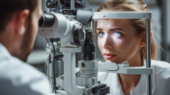 Woman undergoing eye exam with slit lamp by ophthalmologist in clinic - Powered by Adobe