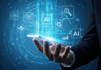 Businessmans hand holding a smartphone with a glowing blue holographic AI interface and data icons.