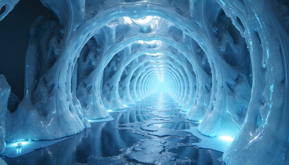 Mysterious ice tunnel with glowing light at the end of the passage