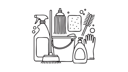Black and white line art illustration of cleaning supplies and tools vector