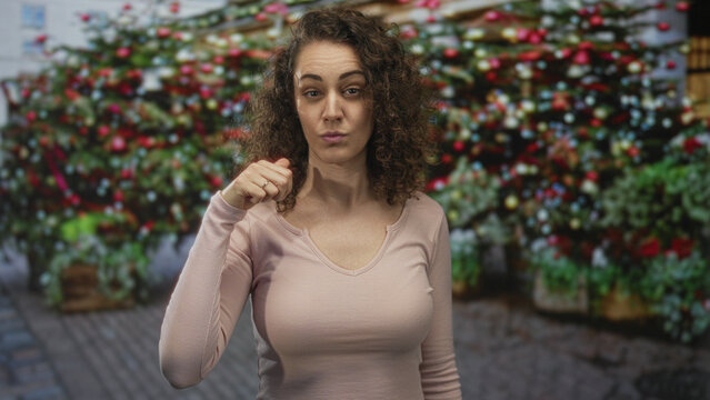 Young hispanic woman shows two fingers in v sign by her face on a cobblestone street lined with potted plants and lights; bold attitude defiance.