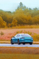 Modern executive car driving on country road