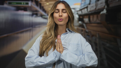 Young blonde woman with closed eyes holding hands clasped in prayer on cruise ship deck; serenity gratitude.