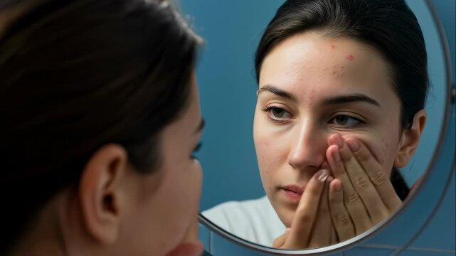 Caucasian woman looking at her face with acne in mirror, applying cream, then closing eyes, skin care routine concept