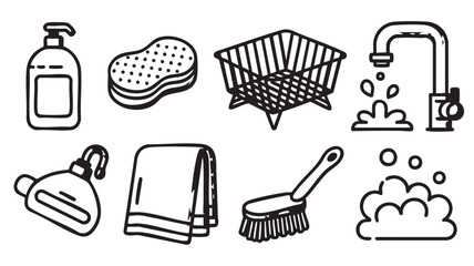 Black and white line art of cleaning supplies and soap suds sponge brush