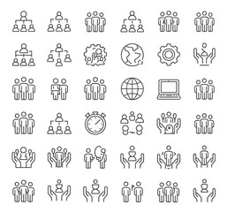 Fototapeta premium A set of 30 black line icons arranged to represent team and business management concepts in a structured arrangement