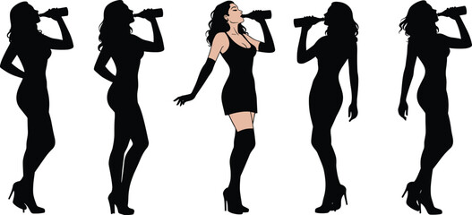 Fashion silhouette illustration, woman drinking pose, stylish dress, central figure highlight, vector art, black icon, nightlife scene, bold contrastFashion silhouette illustration