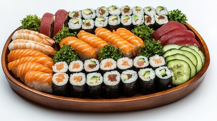 A beautifully arranged sushi platter with fresh ingredients and intricate garnishes