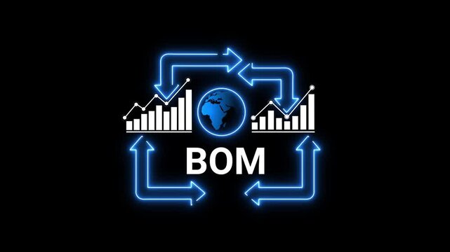 BOM concept with glowing arrows and global data flow on black background Keywords: BOM, Bill of Materials, manufacturing, production, inventory, supply chain, management, business