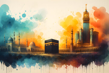 Watercolour Mecca Kaaba Illustration with Islamic Architecture and Colourful Abstract Splashes. Mecca Kaaba Watercolour Art &ndash; Vibrant Islamic Architecture, Abstract Blue and Orange Splashes