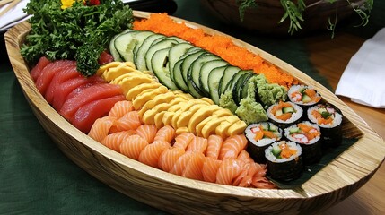 A beautifully arranged sushi platter with fresh ingredients and intricate garnishes
