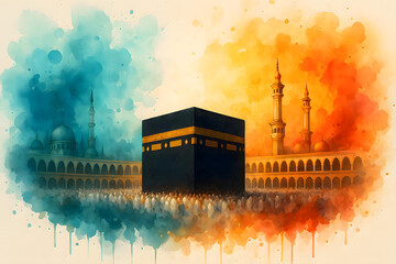 Watercolour Mecca Kaaba Illustration with Islamic Architecture and Colourful Abstract Splashes. Mecca Kaaba Watercolour Art &ndash; Vibrant Islamic Architecture, Abstract Blue and Orange Splashes