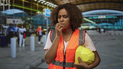 Woman engineer biting nails holding yellow hardhat wearing orange safety vest in airport terminal;...