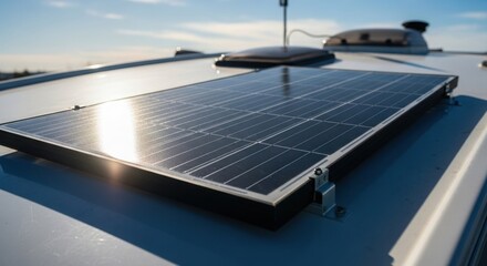 Solar panel installation on silver rooftop, showing renewable energy solutions. Solar panel installation includes photovoltaic cells, efficient energy generation, and robust mounting hardware.